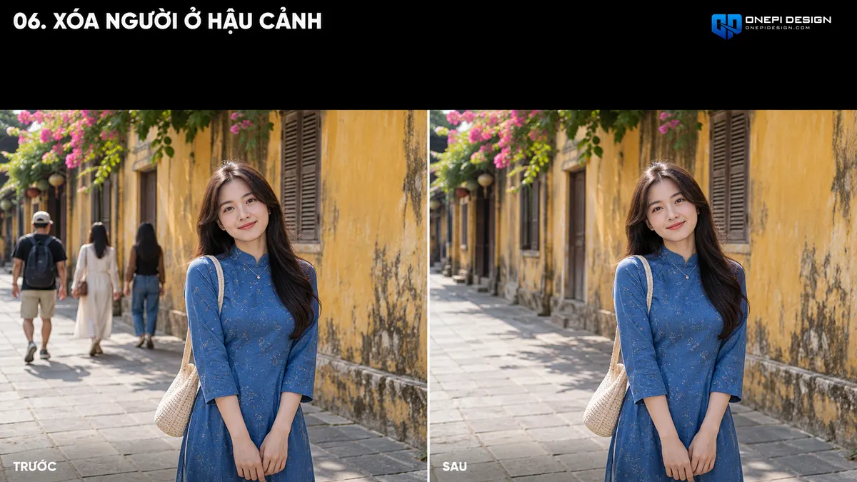 So sánh ảnh du lịch vướng người qua đường và sau khi dùng prompt AI xóa người tái tạo không gian liền mạch
