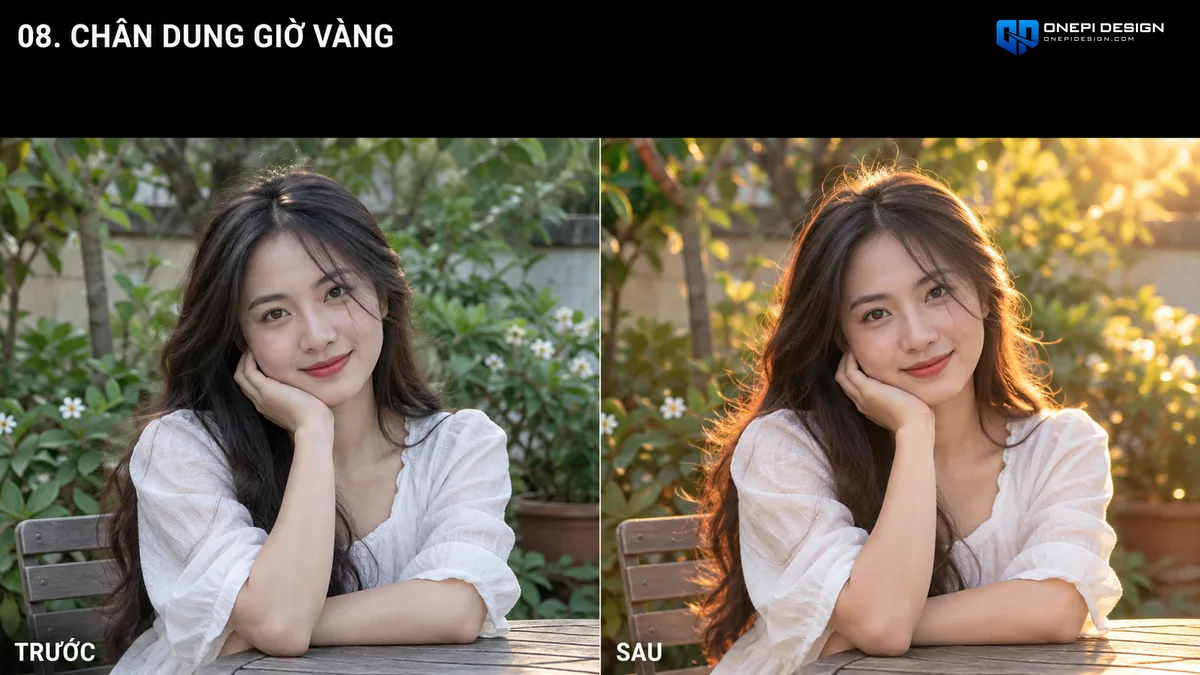 So sánh ảnh chân dung ánh sáng ban ngày phẳng và sau khi dùng prompt AI tạo ánh hoàng hôn ngược sáng ấm áp