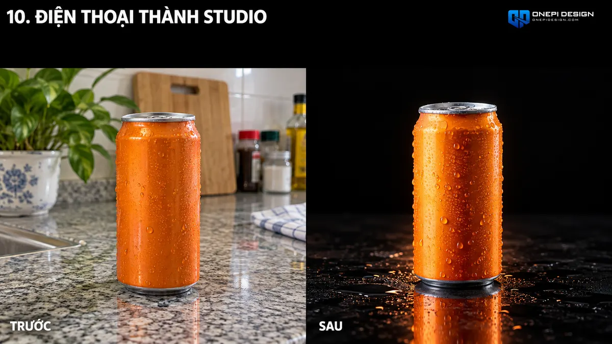 So sánh ảnh chụp sản phẩm cầm tay đơn giản và sau khi dùng prompt AI đặt vào studio trên kính đen phản chiếu xa xỉ