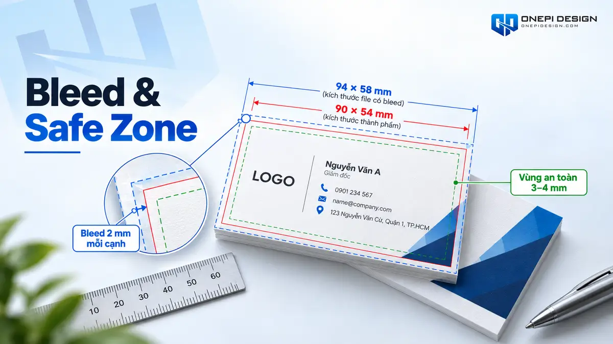 Sơ đồ kỹ thuật vùng bù xén Bleed 2mm và vùng an toàn Safe Zone trong thiết kế name card
