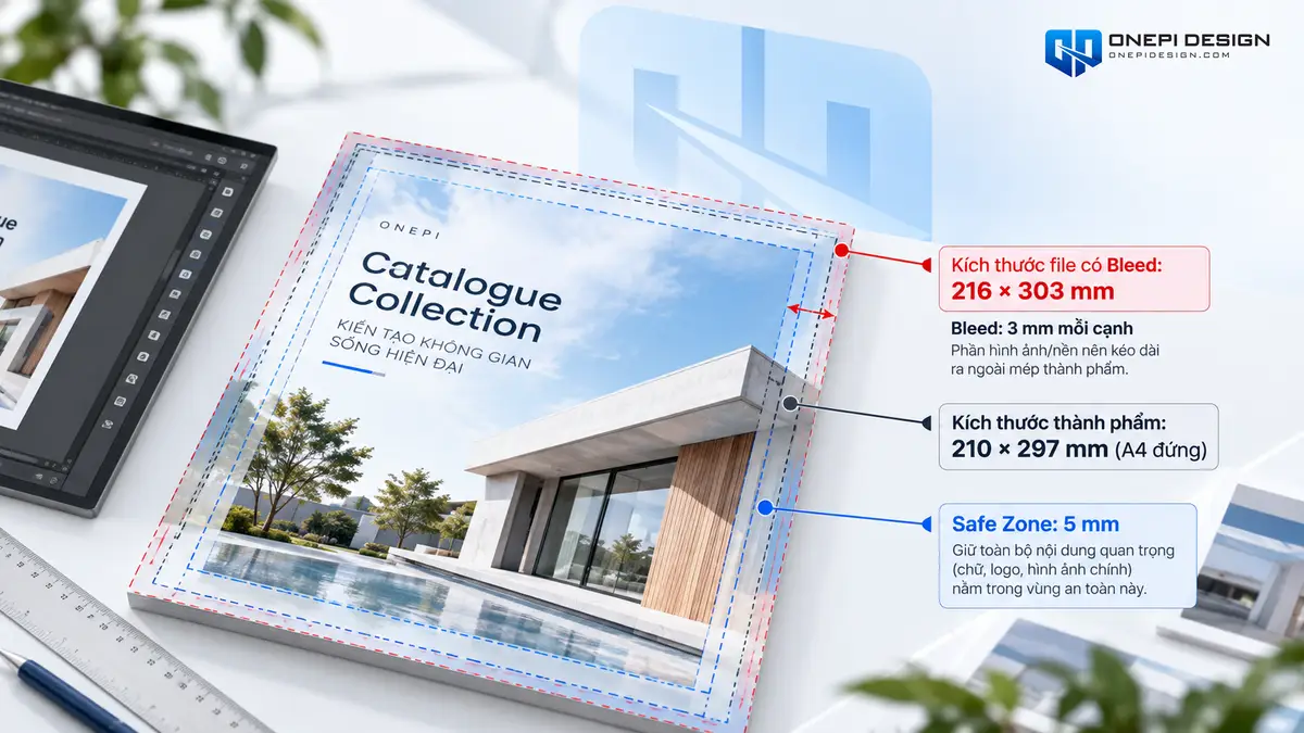 Sơ đồ kỹ thuật vùng bù xén Bleed 3mm và vùng an toàn Safe Zone 5mm trong thiết kế catalogue