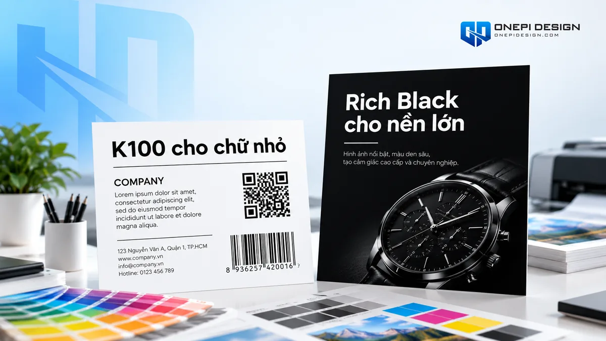 So sánh thông số đen đơn sắc K100 cho chữ nhỏ mã vạch và Rich Black cho mảng nền lớn