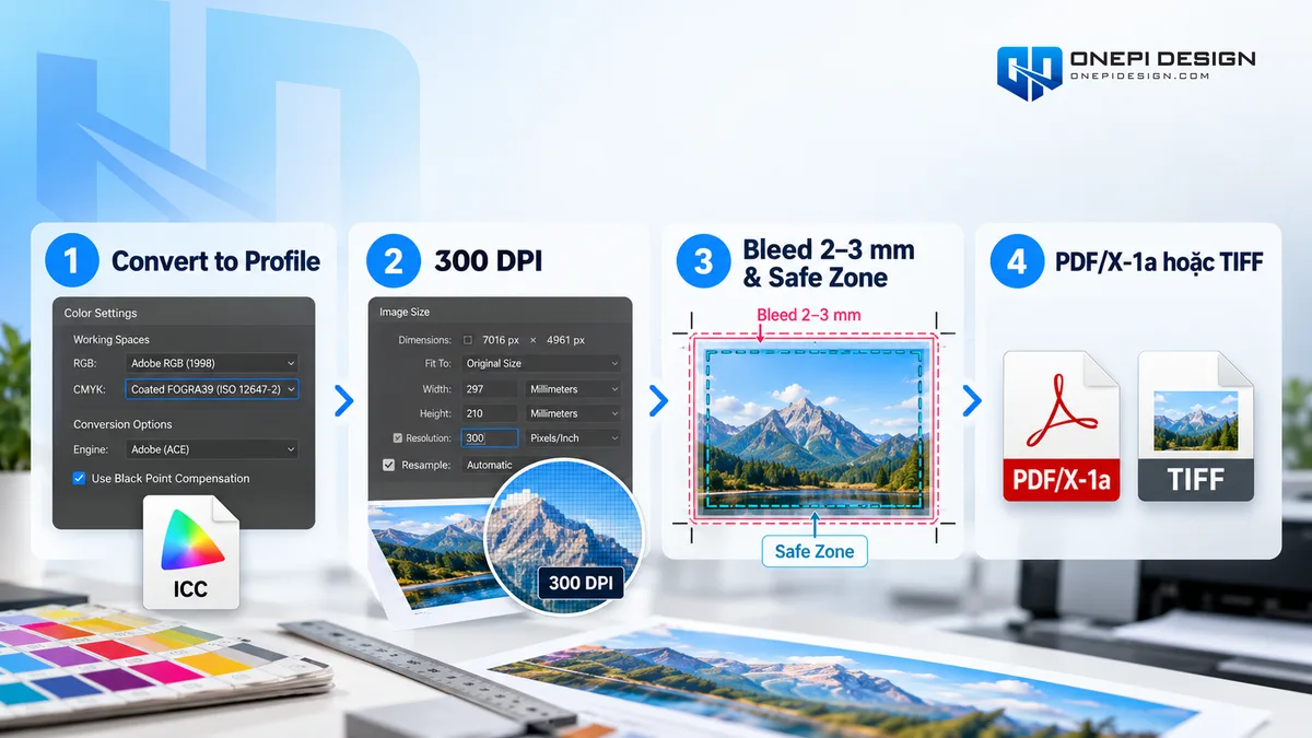 Sơ đồ 4 bước kiểm tra xuất file in Convert to Profile 300 DPI Bleed và định dạng PDF X 1a