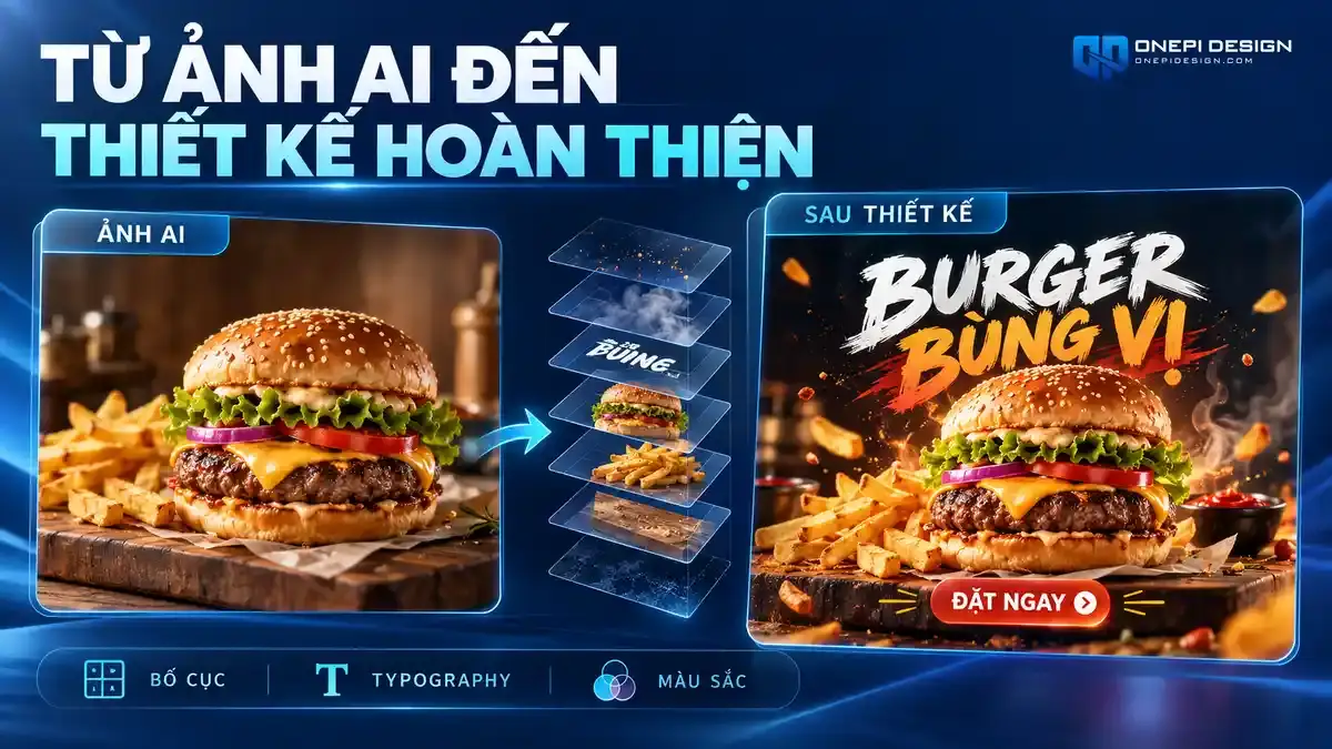 So sánh hình ảnh AI ban đầu và poster quảng cáo burger hoàn thiện bằng Photoshop
