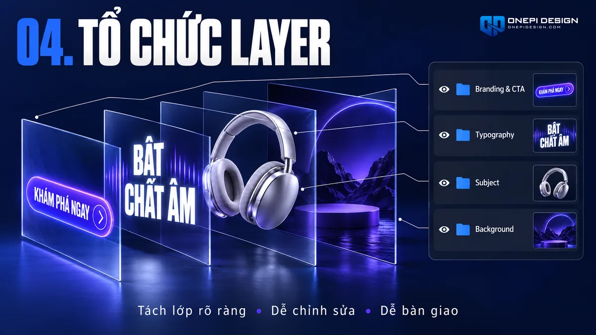Cấu trúc các nhóm layer Smart Object trong Photoshop phân chia Background Subject và Typography