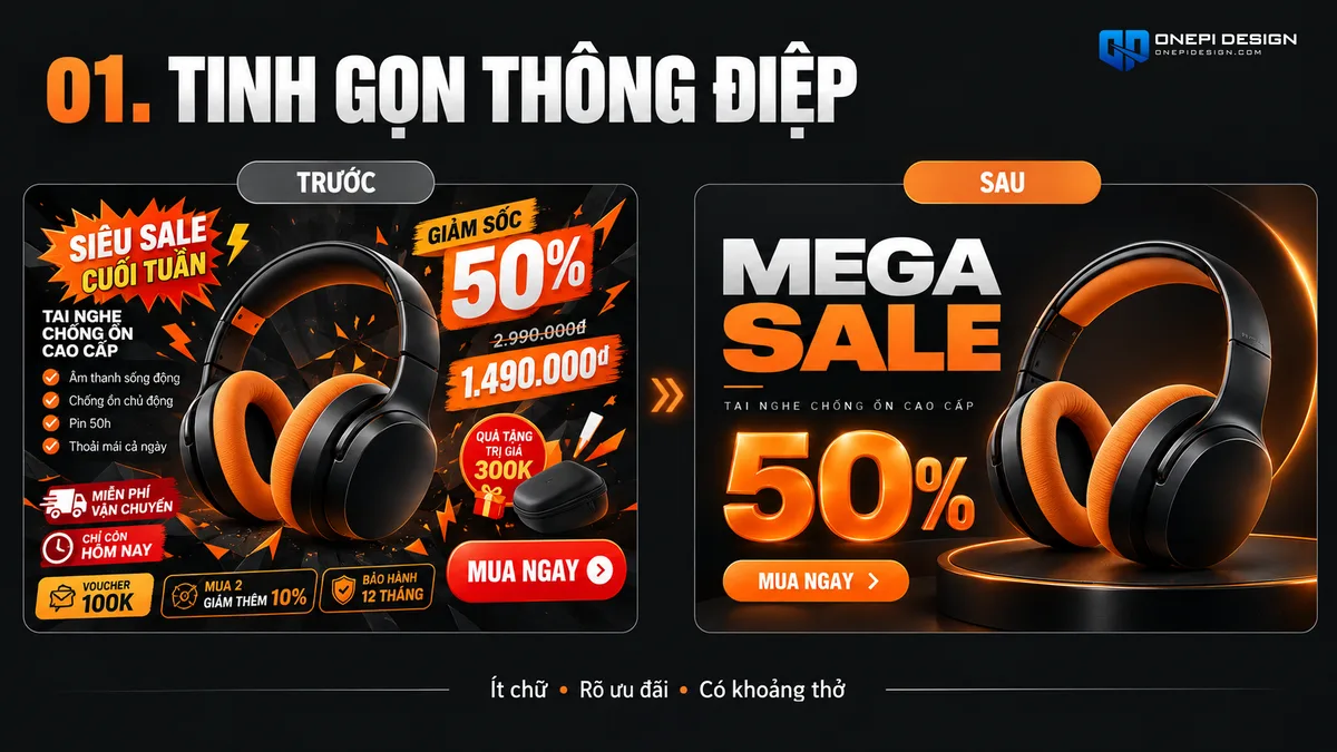 So sánh banner khuyến mãi quá tải chữ rối mắt và banner tinh gọn áp dụng khoảng thở thị giác 20% text thiết kế banner khuyến mãi
