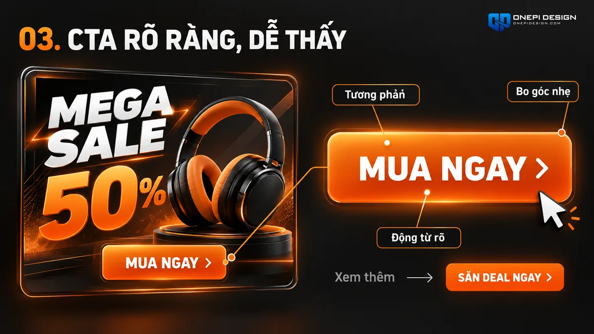 Thiết kế nút CTA dạng bấm xúc giác 3D nổi bật kích thích nhấp chuột trong thiết kế banner khuyến mãi