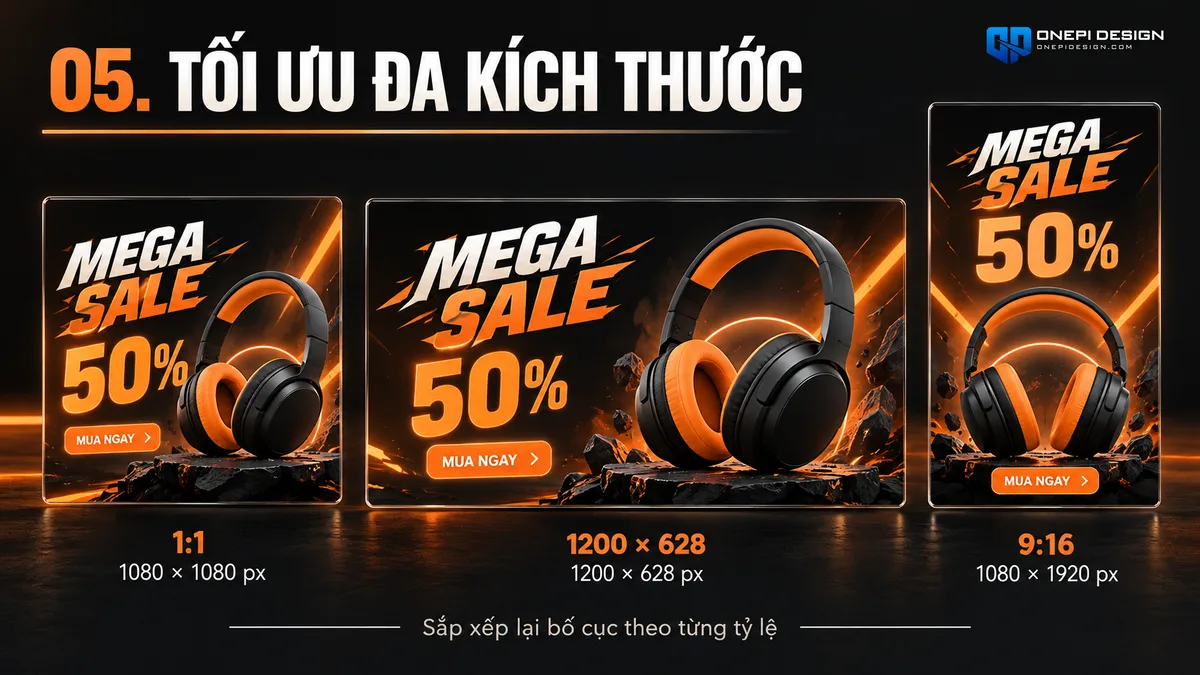 Bộ quy chuẩn kích thước đa nền tảng gồm vuông 1:1, ngang 1200x628 và dọc 9:16 trong thiết kế banner khuyến mãi