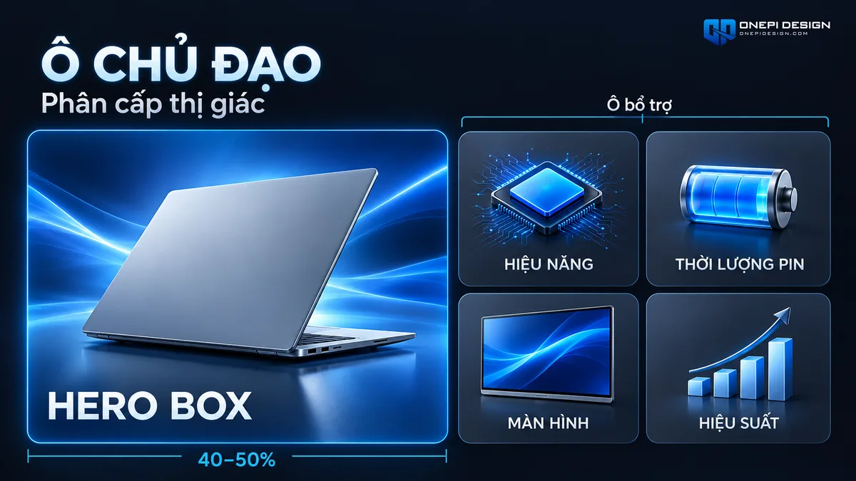Bố cục phân cấp giữa ô Hero Box kích thước lớn 40-50% và các ô thông số vệ tinh xung quanh