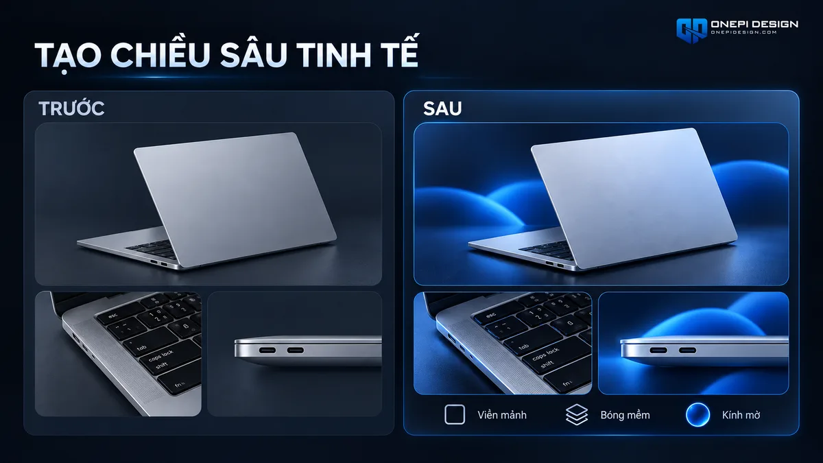 So sánh ô Bento Grid phẳng đơn điệu và sau khi áp dụng viền mảnh Gradient Stroke 1px cùng bóng đổ mềm sâu thẳm