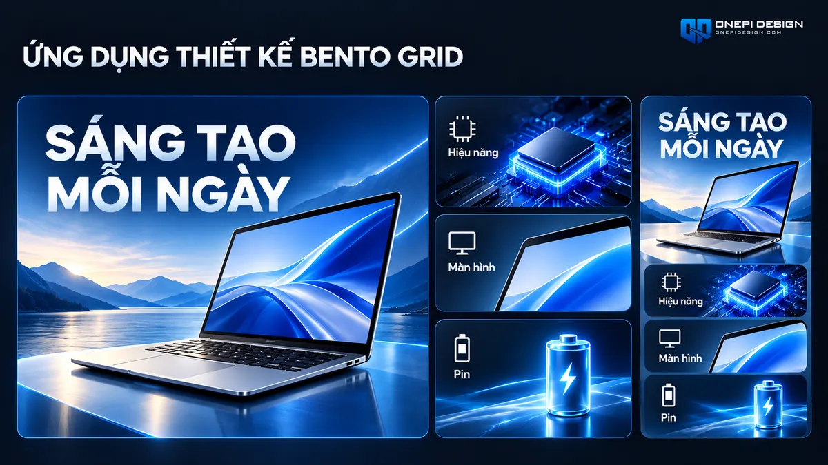 Ứng dụng Bento Grid thực tế trên ấn phẩm poster quảng cáo sản phẩm công nghệ hoàn chỉnh tỷ lệ 16:9 và Story 9:16