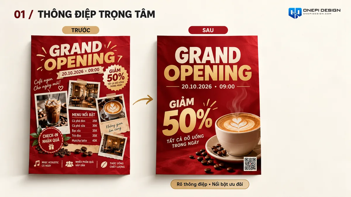 So sánh bố cục poster khai trương bị nhồi nhét chữ rối rắm và poster tinh gọn phân cấp thông điệp khoa học