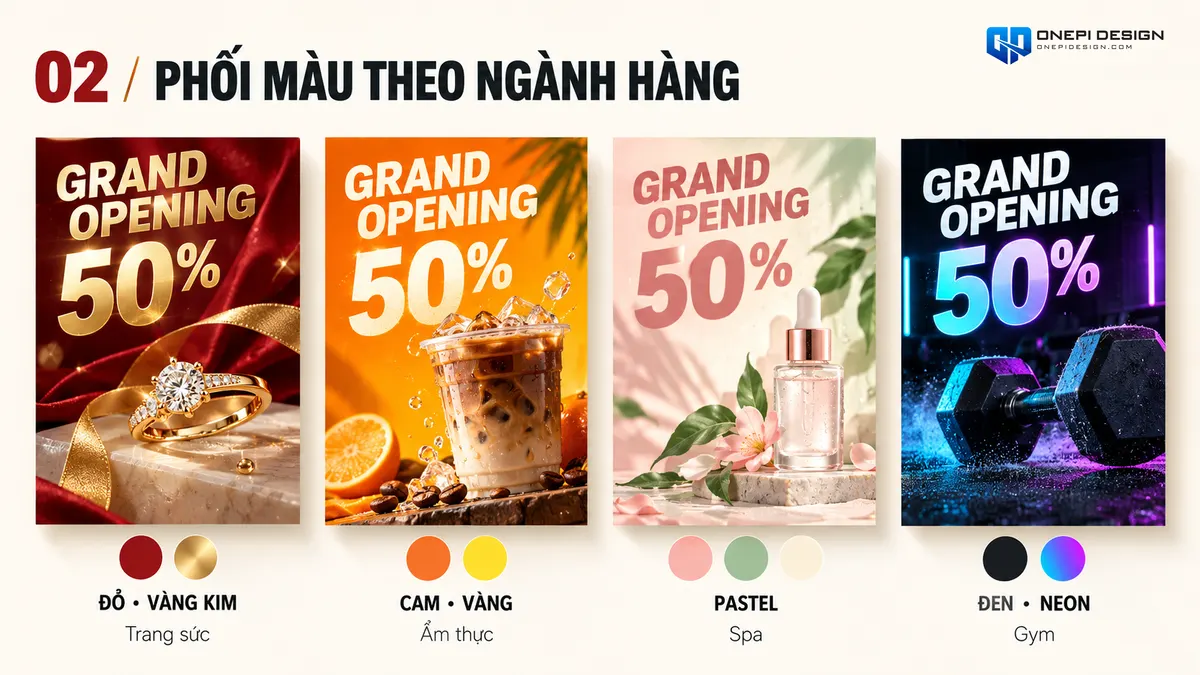 Bảng màu phối sắc thực tế ứng dụng trong thiết kế poster khai trương các ngành hàng ẩm thực thời trang và spa