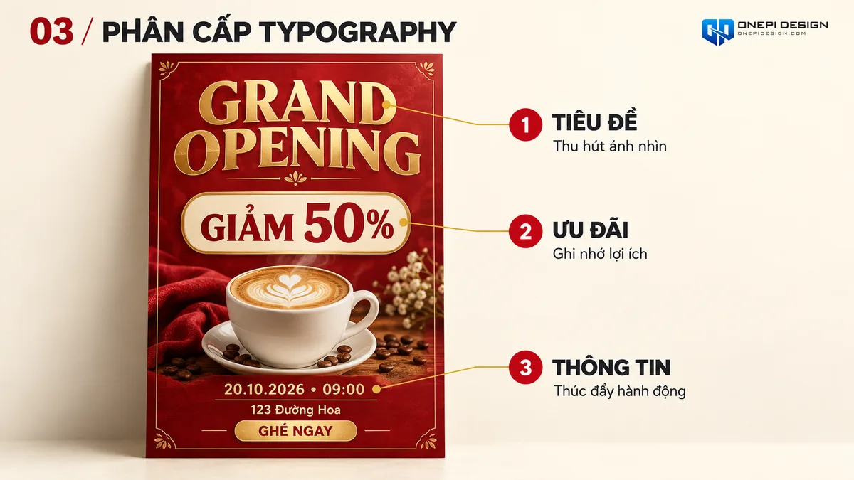Hướng dẫn phân cấp Typography 3 tầng rõ nét trên bản thiết kế poster khai trương chuyên nghiệp