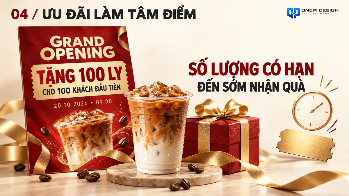 Minh họa kỹ thuật làm nổi bật ưu đãi vàng và hình ảnh quà tặng bắt mắt trên poster khai trương
