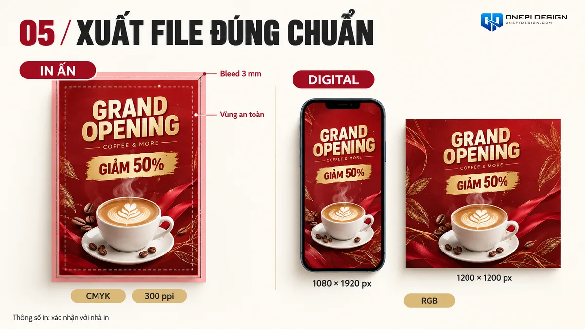 Bảng tổng hợp thông số kỹ thuật kích thước hệ màu CMYK và vùng an toàn khi xuất file in ấn poster khai trương