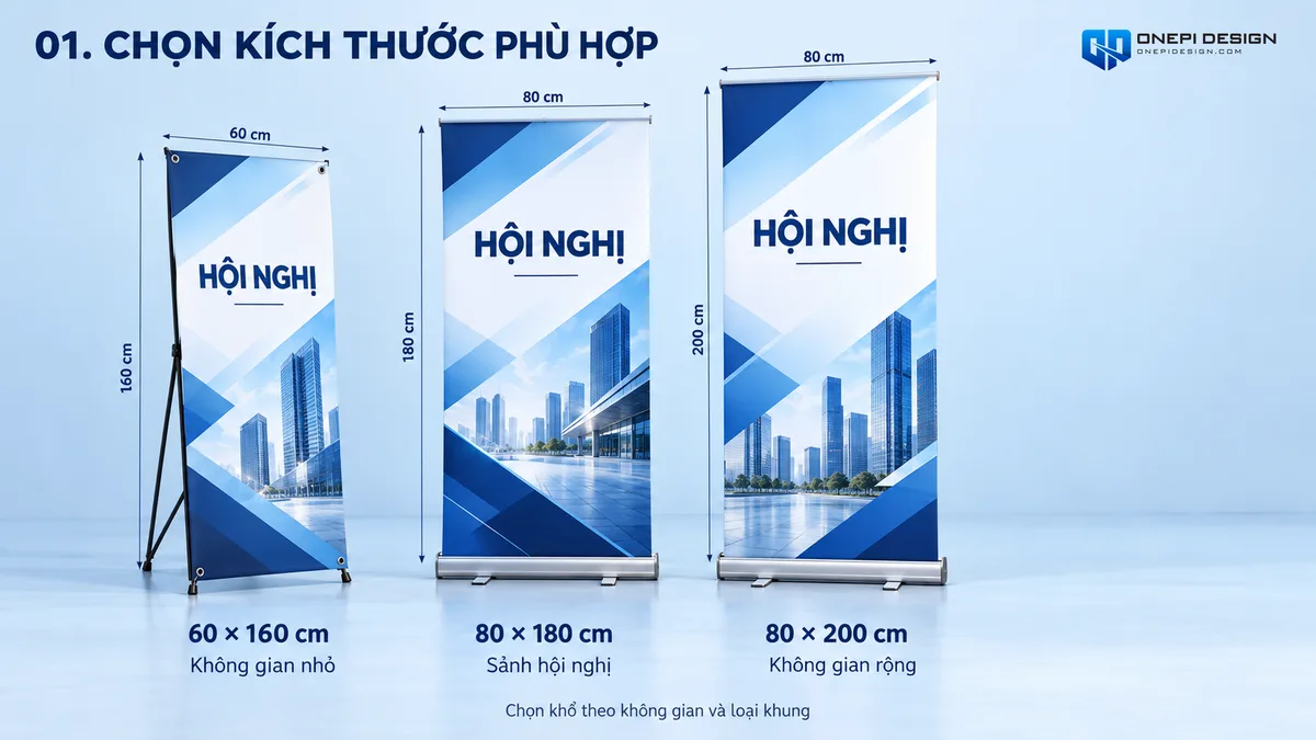 So sánh 3 kích thước chuẩn trong thiết kế standee hội nghị 60x160cm 80x180cm và 80x200cm cùng khung giá đỡ thực tế