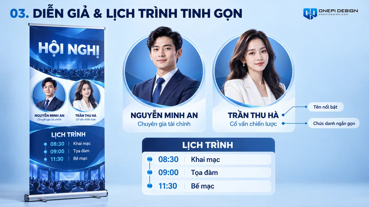 Thiết kế cụm chân dung diễn giả chuyên nghiệp và phân cấp chức danh tinh gọn trên standee hội nghị