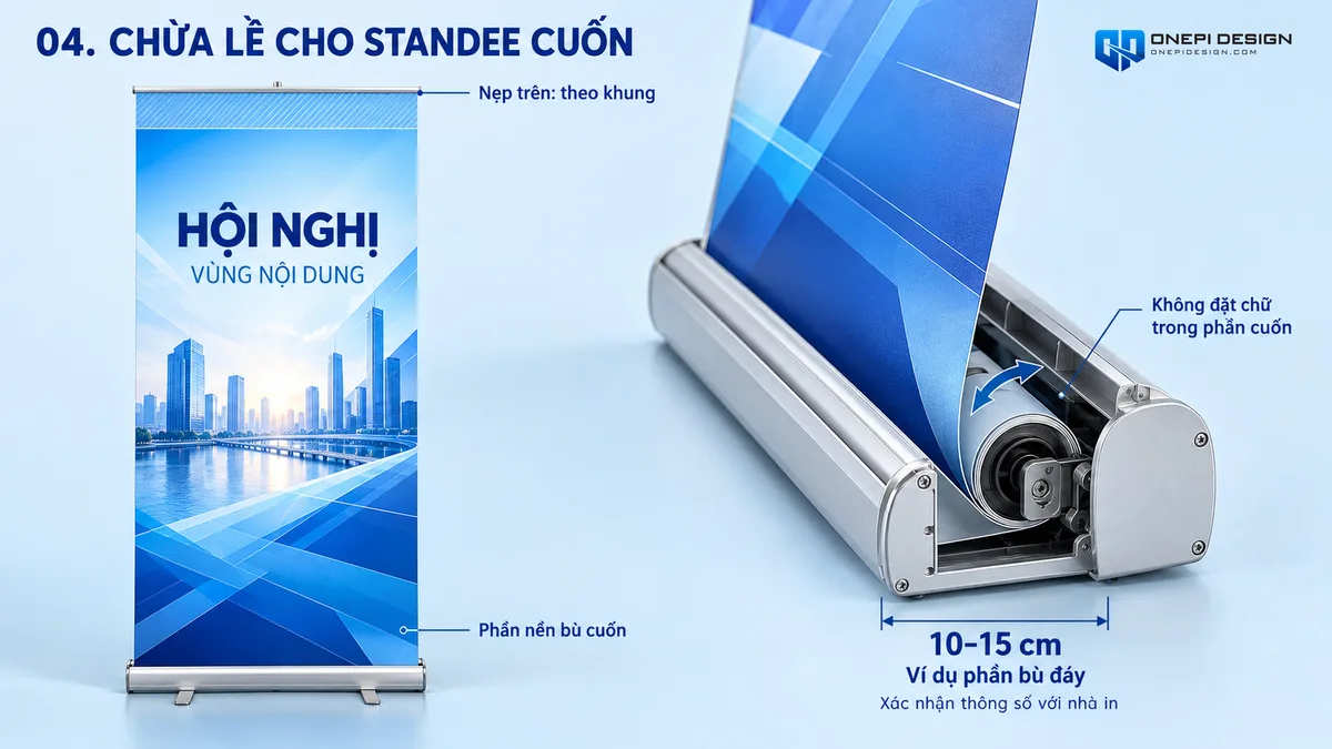 Minh họa chi tiết vùng an toàn lề đáy Roll-up 10-15cm chống bị nuốt chữ vào hộp nhôm standee