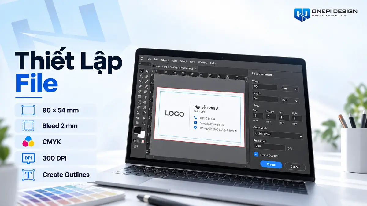 Thiết lập thông số hệ màu CMYK độ phân giải 300 DPI và Create Outlines font chữ trên Illustrator