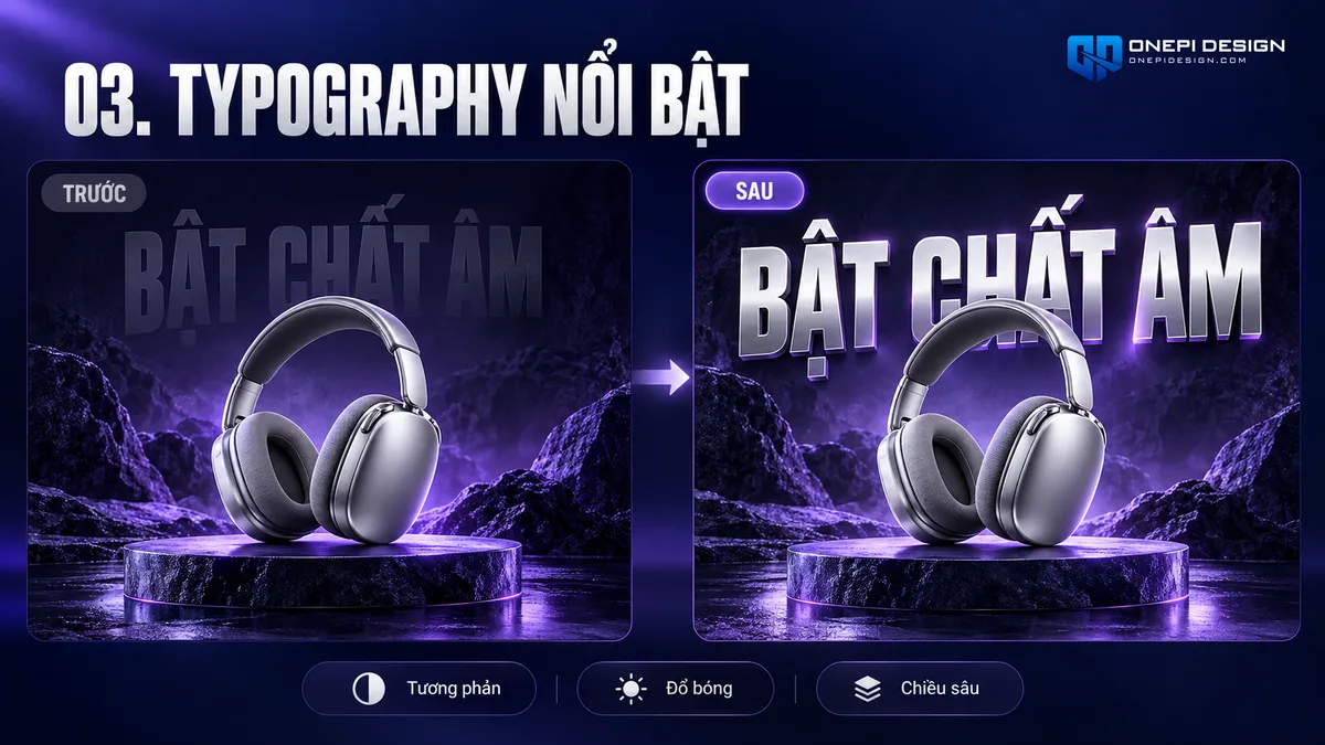 So sánh trước và sau khi sử dụng hiệu ứng chữ Typography 3D nổi bật đè lên nền ảnh AI